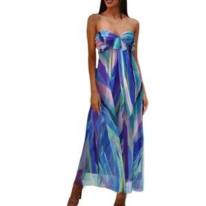 NWT ELANA KATTAN AQUARELLE Long Strapless Flared Empire Mesh Print Dress